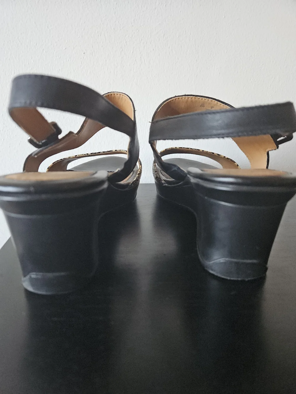 Naturalizer Black and Cream Wedge Sandals with Patterned Toe Strap